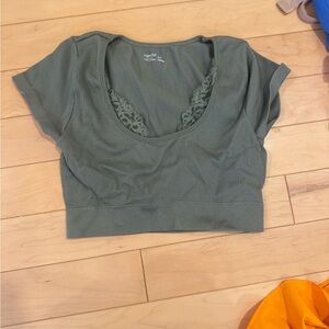 Aerie Olive Ribbed Crop Top with Lace Detail